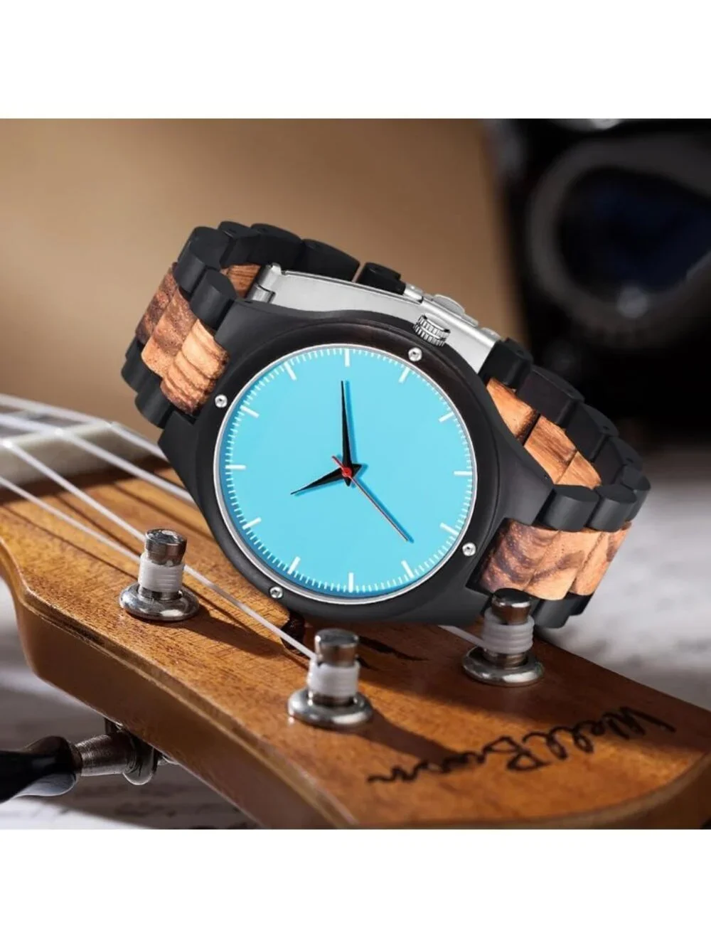 Men's Black Blue Handmade Lightweight Analog Quartz Round Wrist Wooden Watch
